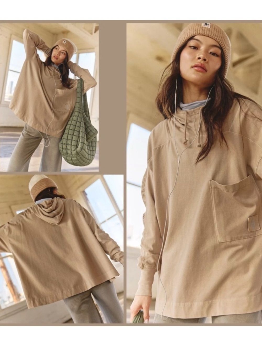 Free People Movement Hot Shot Hooded Layer Slouchy Layering Hoodie Tan Neutral L - Picture 10 of 15